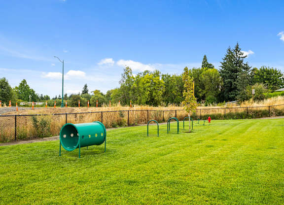 A green tube-like object sits on a grassy field.