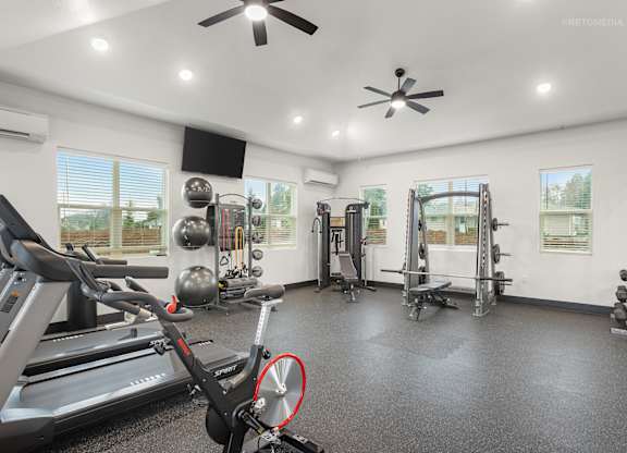 A spacious home gym with a treadmill, weights, and exercise equipment.