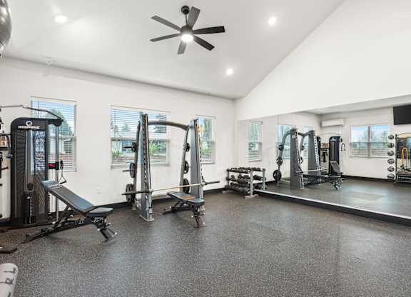 A spacious gym with a variety of equipment including treadmills, weights, and a bench press.