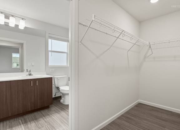 A white bathroom with a toilet, sink, and a walk-in closet.