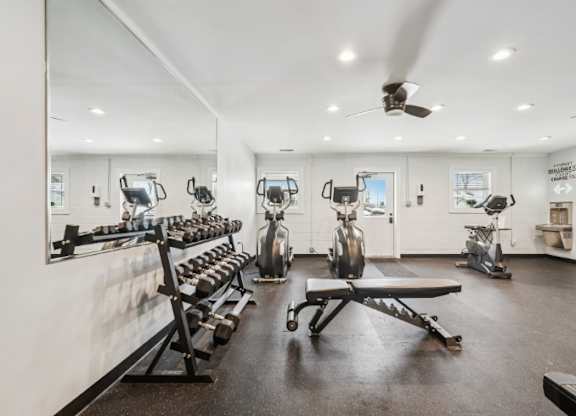 A gym with a variety of equipment including weights and a bench.
