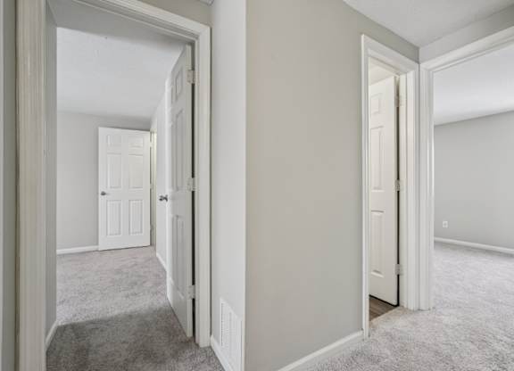 A hallway with white doors and carpeted floors.