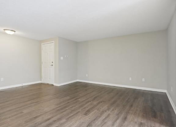 A room with a wooden floor and a white door.