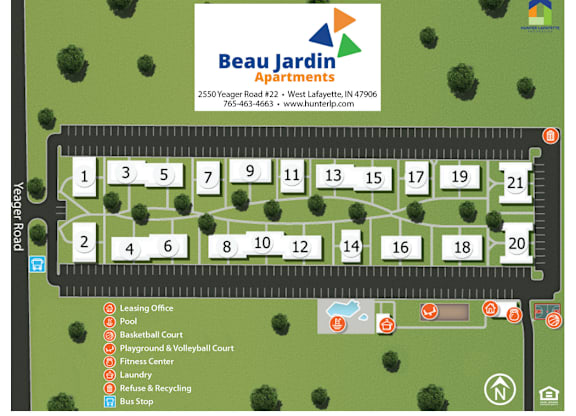 A map of the Beau Jardin Apartments showing the layout of the apartments and amenities.