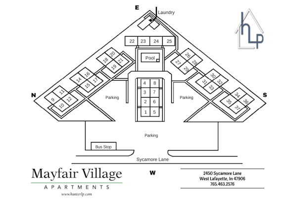 A floor plan for Mayfair Village Apartments shows the layout of the rooms and parking.