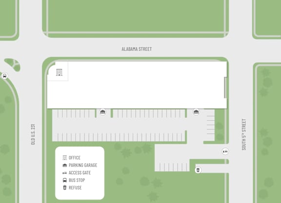 A map shows a parking garage with an office, access gate, bus stop, and refuse area.