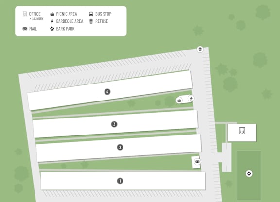 A map shows a picnic area with a barbecue and a bus stop.