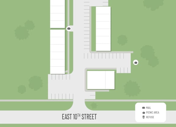 A map shows a street named East 10th Street with a mailbox, picnic area, and a refuse area.