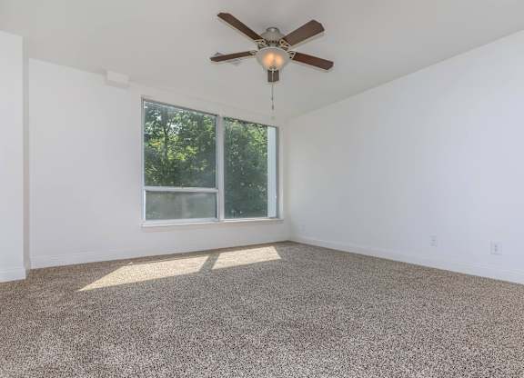 A room with a ceiling fan and carpeted floor.