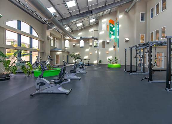 A gym with treadmills, elliptical machines, and other exercise equipment.