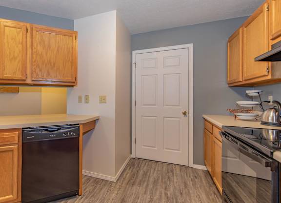 A kitchen with wooden cabinets and a white door.