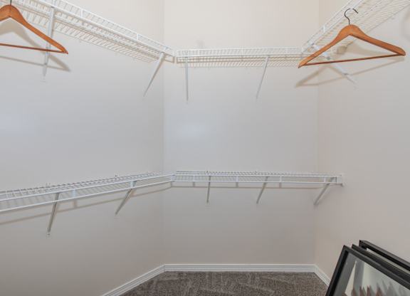 A room with a white wall and a carpeted floor with a rack of clothes hangers.