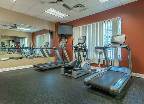 A gym with treadmills and exercise bikes.