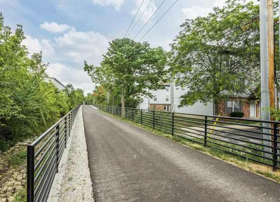 A paved road with a metal fence on one side and trees on the other.