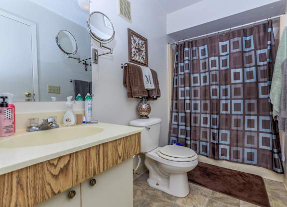 A bathroom with a toilet, sink, and shower curtain.