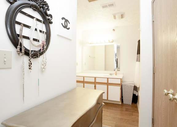 A bathroom with a mirror, a wooden vanity, and a wooden door.