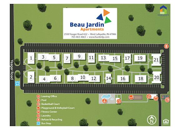 A map of the Beau Jardin Apartments with numbered apartments and icons indicating the location of various amenities.
