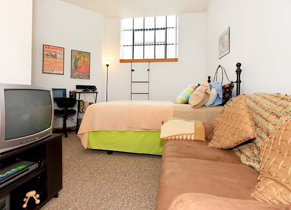 A bedroom with a bed, a couch, a television, and a desk.