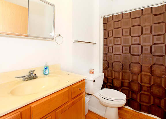 A white toilet sits next to a brown tiled shower.