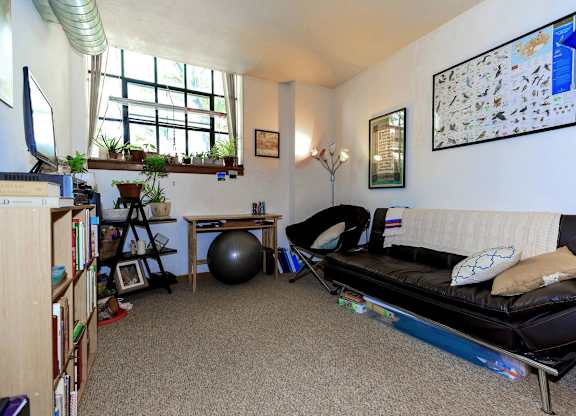 A living room with a black couch, a ball, a chair, a bookshelf, and a window.