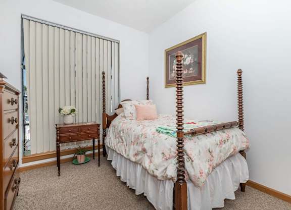 A bedroom with a four poster bed and a dresser.