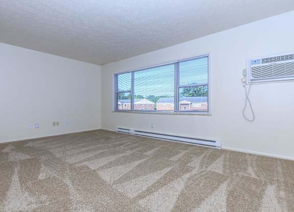 A room with a carpeted floor and a window overlooking a building.