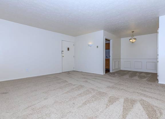 A room with a carpeted floor and a door.