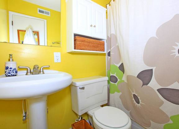 A bathroom with yellow walls and a white sink.