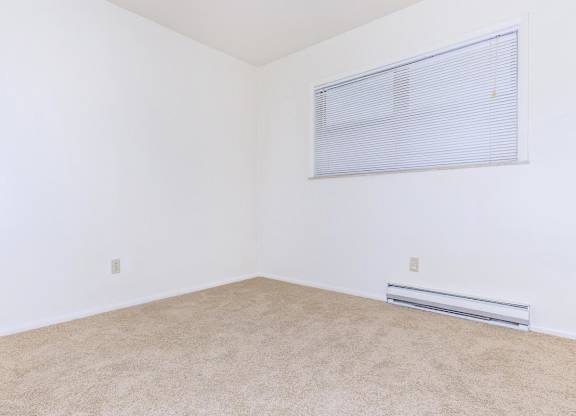A room with a carpeted floor and a window with blinds.