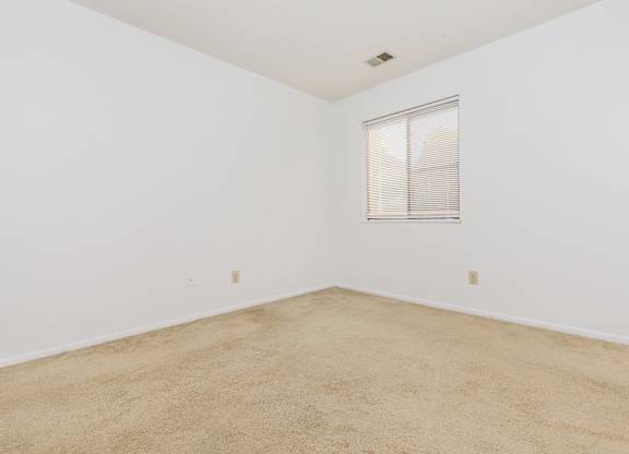 A room with a carpeted floor and a window with blinds.