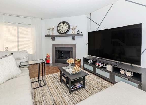 A living room with a fireplace, a sofa, a coffee table, and a television.