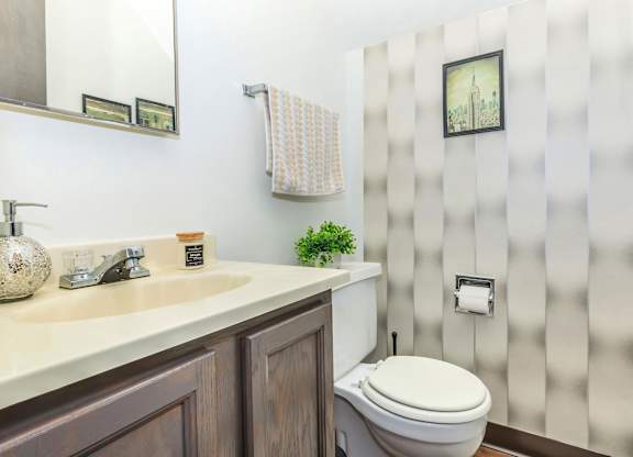 A bathroom with a toilet, sink, and a mirror.