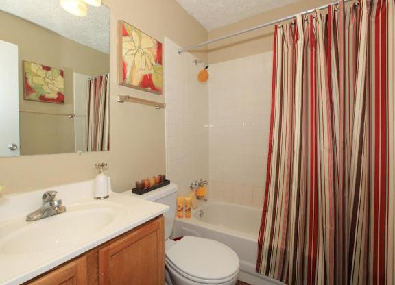 A bathroom with a toilet, sink, and striped shower curtain.