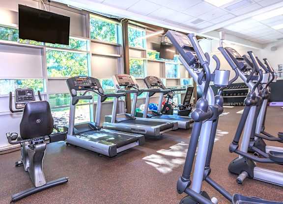 A gym with treadmills and exercise equipment.