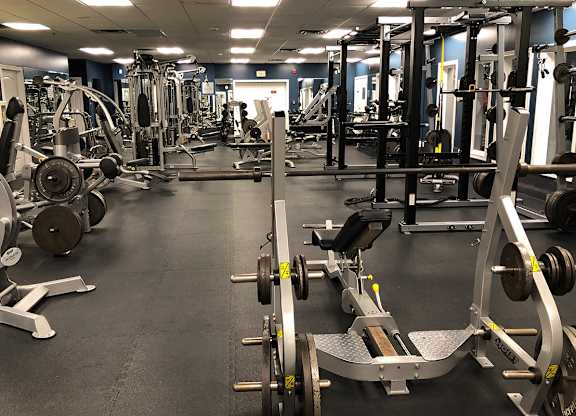 A gym with a variety of equipment including weights and weight machines.