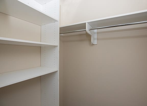 Empty shelves in a room with a white ceiling.