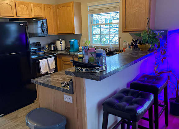 A kitchen with a black fridge and wooden cabinets.