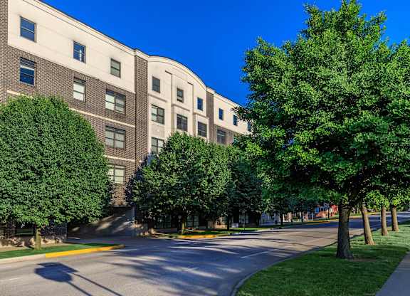 A tree-lined street in front of a building.
