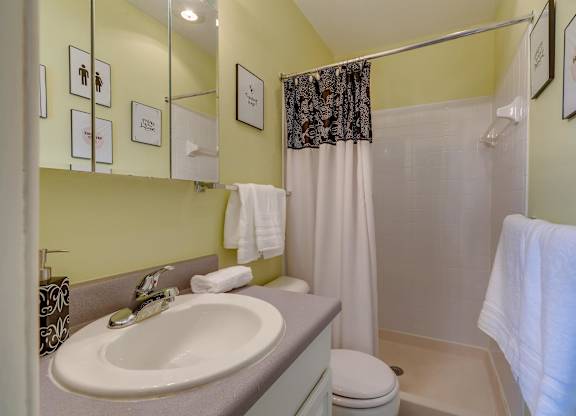A bathroom with a sink, toilet, and shower.