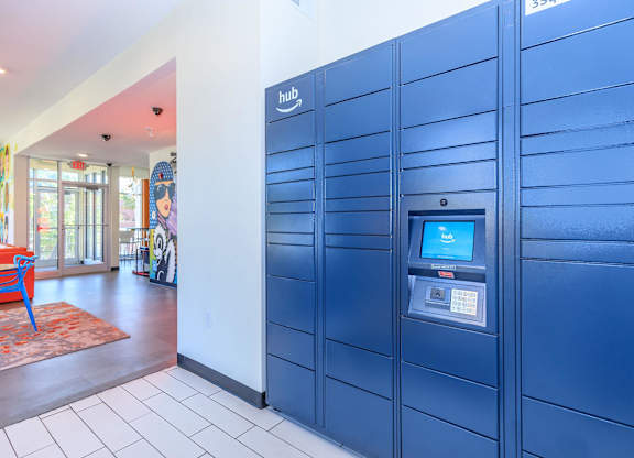 A blue locker with a sign that says hub on it.