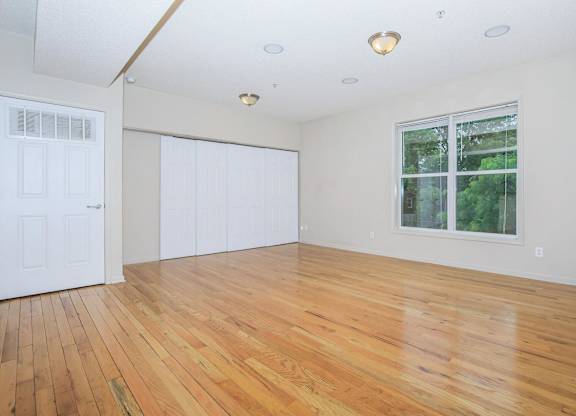 A room with wooden floors and a window showing greenery outside.