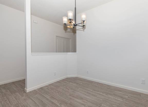 A room with a light fixture and wood flooring.