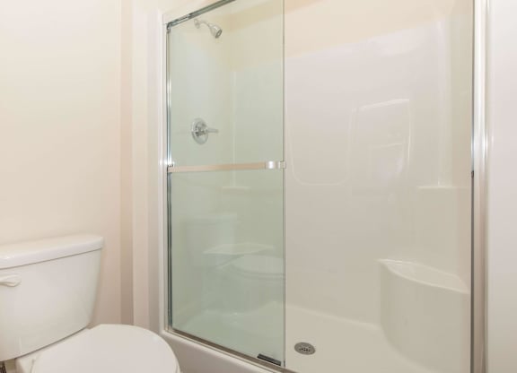 A white toilet sits next to a glass shower door.