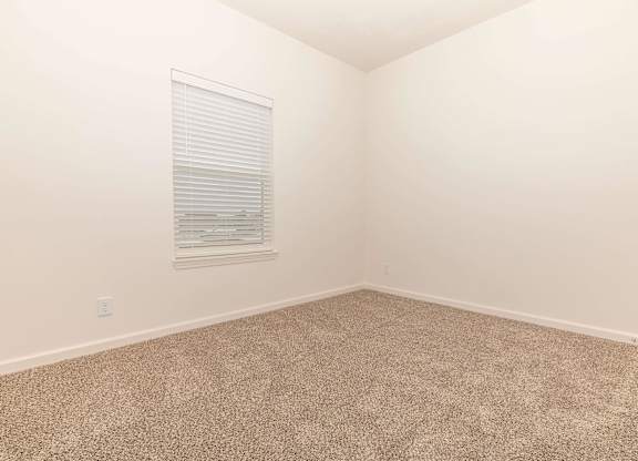 A room with a carpeted floor and a window with blinds.
