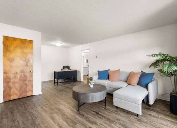 A living room with a grey couch, a coffee table, and a plant.