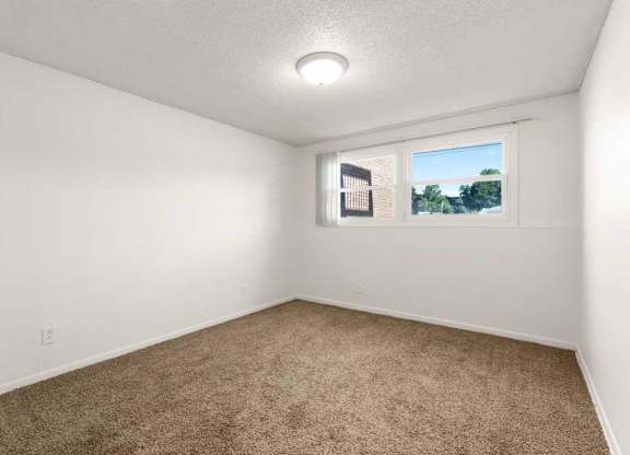 A room with a carpeted floor and a window showing a view of a building and trees.