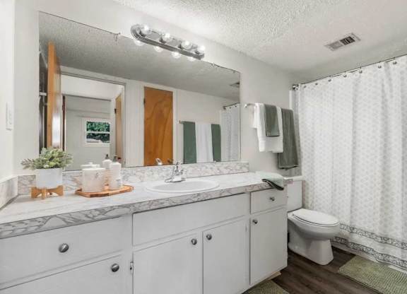 A white bathroom with a toilet, sink, and mirror.