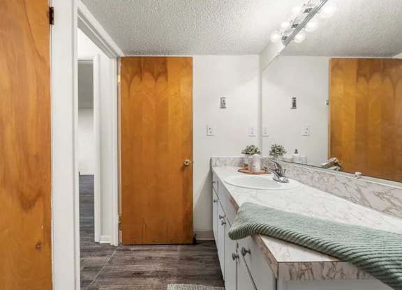 A bathroom with a marble countertop and wooden doors.