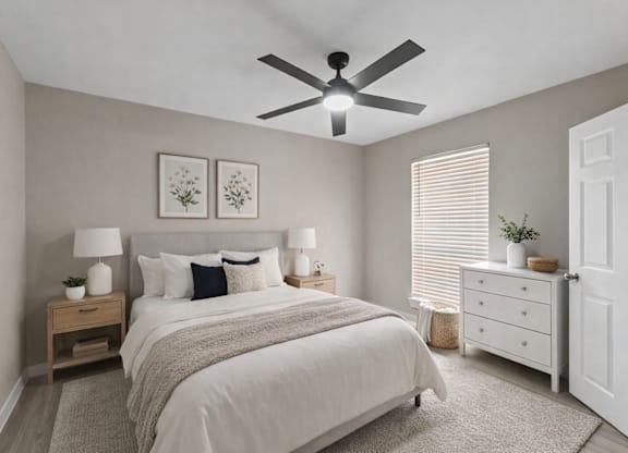 A bedroom with a large bed, a ceiling fan, and a nightstand with a lamp.