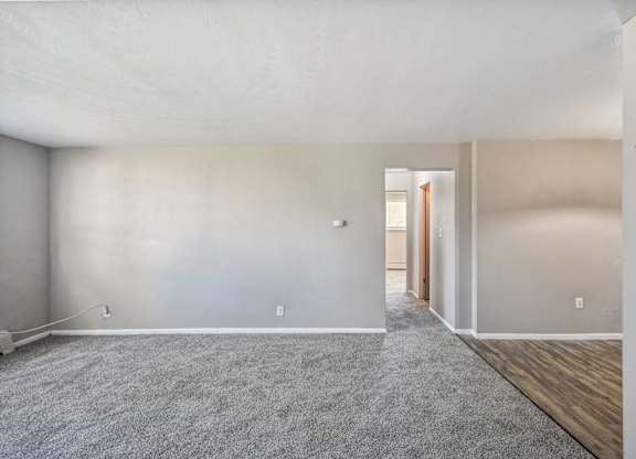 an empty living room with carpet and a door to a hallwa at Park at Fitzsimons Apartments, Aurora 80011